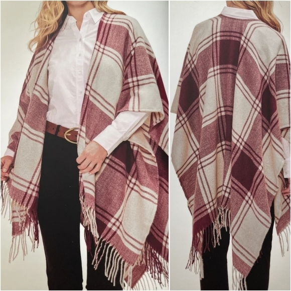 {OS} NWT Banana Republic Mariana Plaid Red Fringe Komono Blanket Cashmere Blend - Picture 1 of 13
